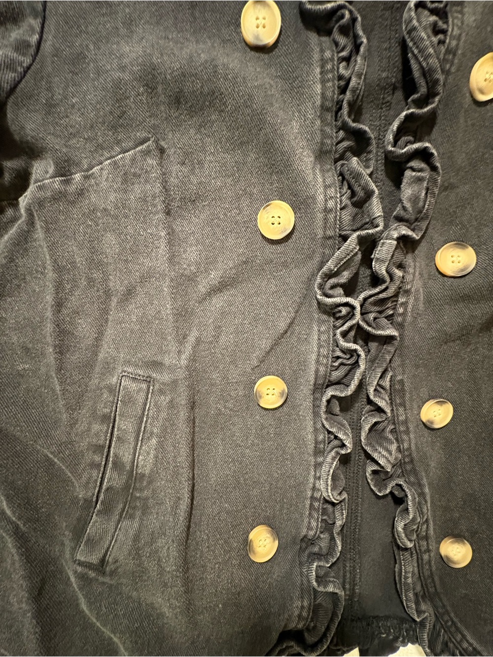 Womens Ruffle Trim Front Button Jeans Cotton Jacket Black - Picture 2 of 4